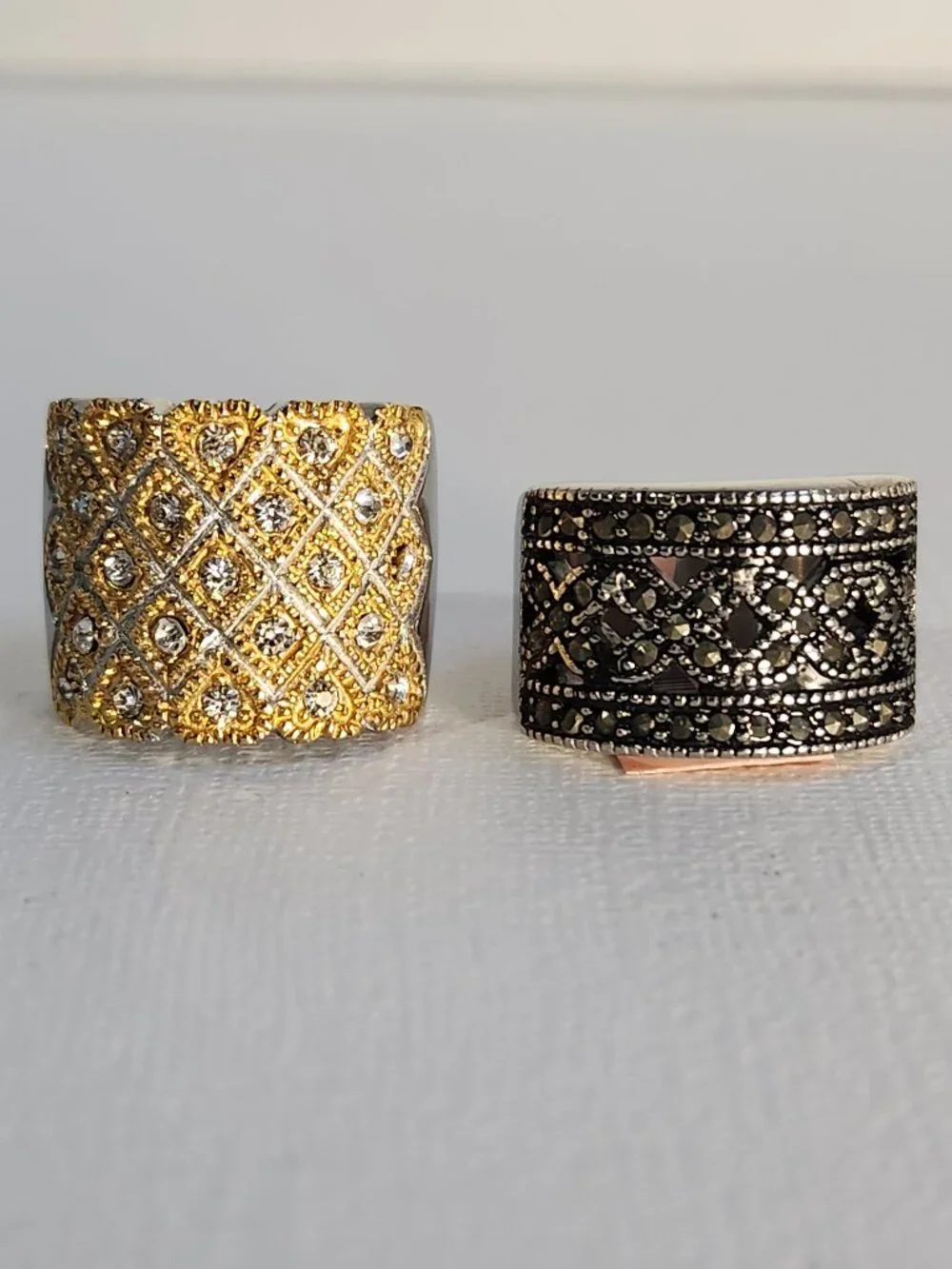 NWT Set of Gold Quilted Pavé + Black Marcasite Wide Band Ring Bundle Size 6 - Picture 3 of 10